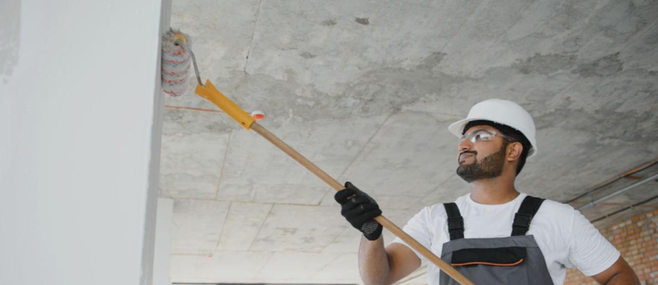 Peintre au travail sur un plafond lumineux